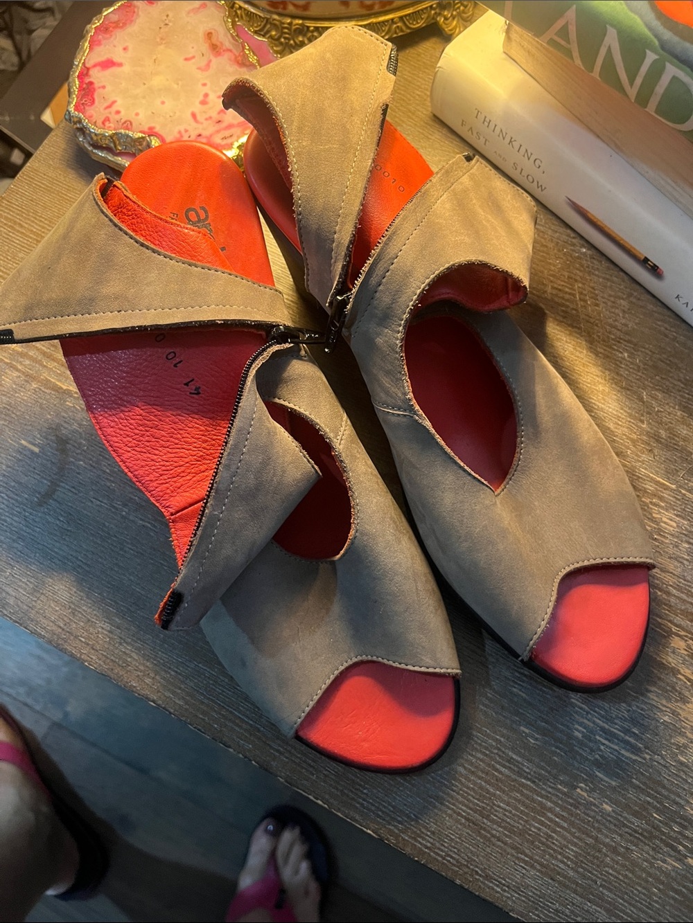 Women’s Taupe Suede Open-Toe Sandals with Red Insole